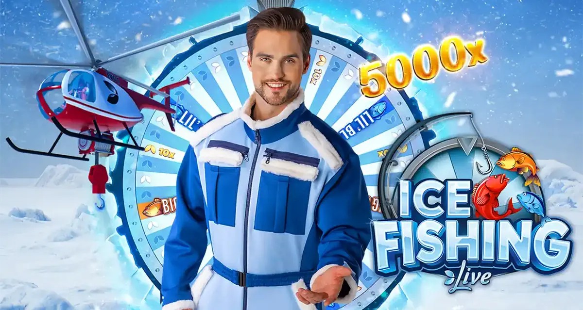 Smiling male host in a blue winter suit stands in front of a snowy “Ice Fishing Live” prize wheel, with a helicopter on the left and a glowing “5000x” multiplier graphic.